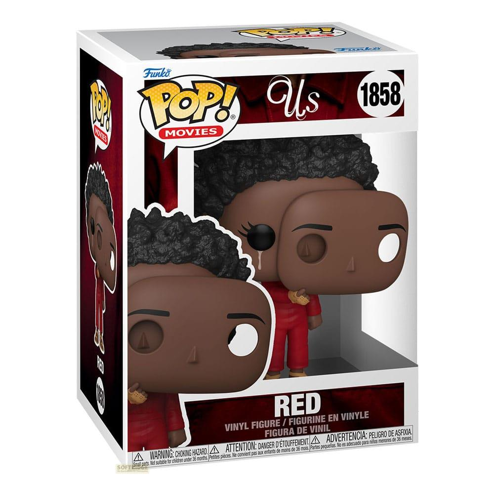 Figurine Funko Pop! en vinyle de Red de Us, en rouge, tenant des ciseaux. Art de boîte.