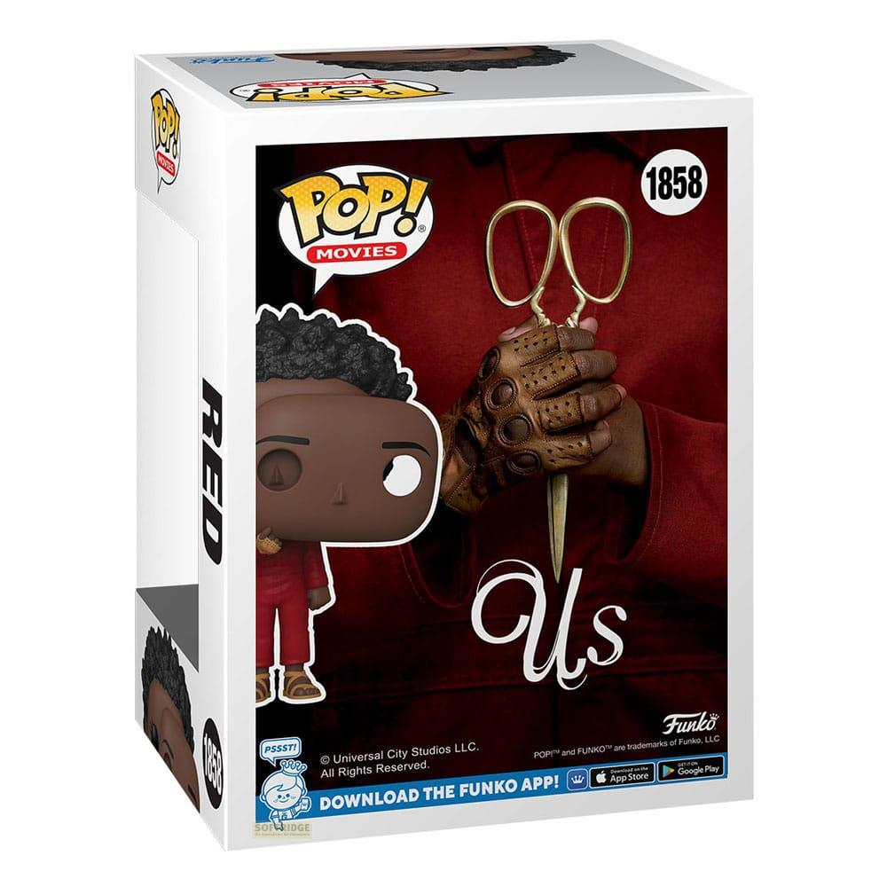 Funko Pop de Red de Us, tenant des ciseaux et des gants. Boîte avec titre du film.