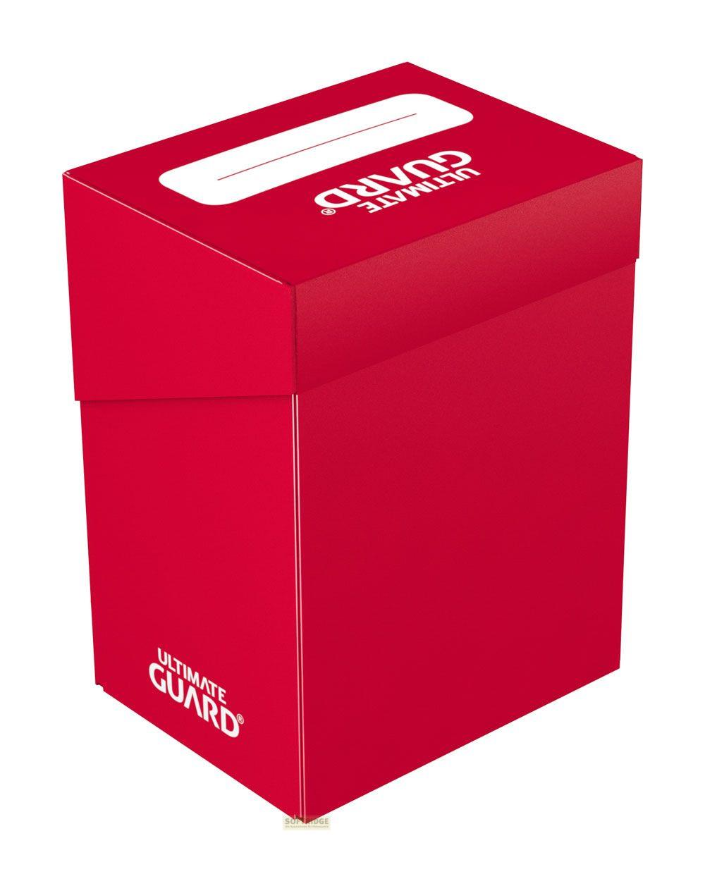 Scatola per mazzi Ultimate Guard rossa con testo bianco sopra e di lato.