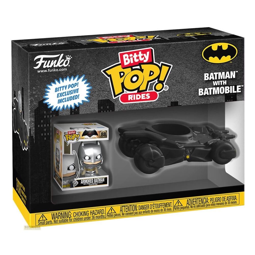 Scatola Funko Bitty Pop! Rides con figura di Batman Corazzato e Batmobile nera.