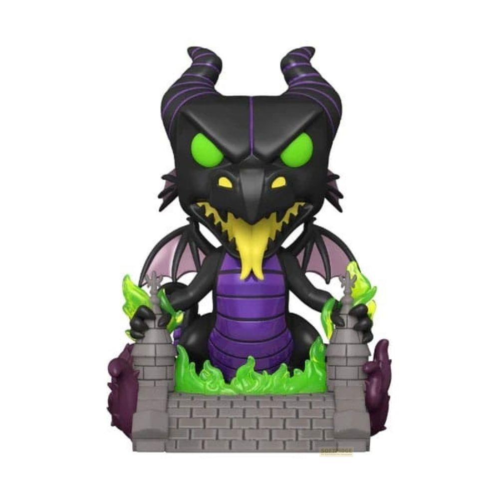 Figura de dragón negro con detalles morados, ojos verdes y alas, sobre base de piedra con llamas verdes.