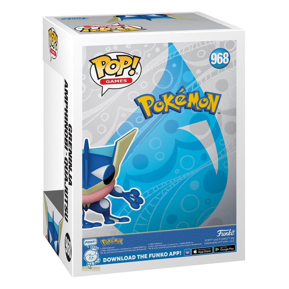 Caja Funko Pop! de Pokémon Greninja, número 968. Diseño azul y blanco.