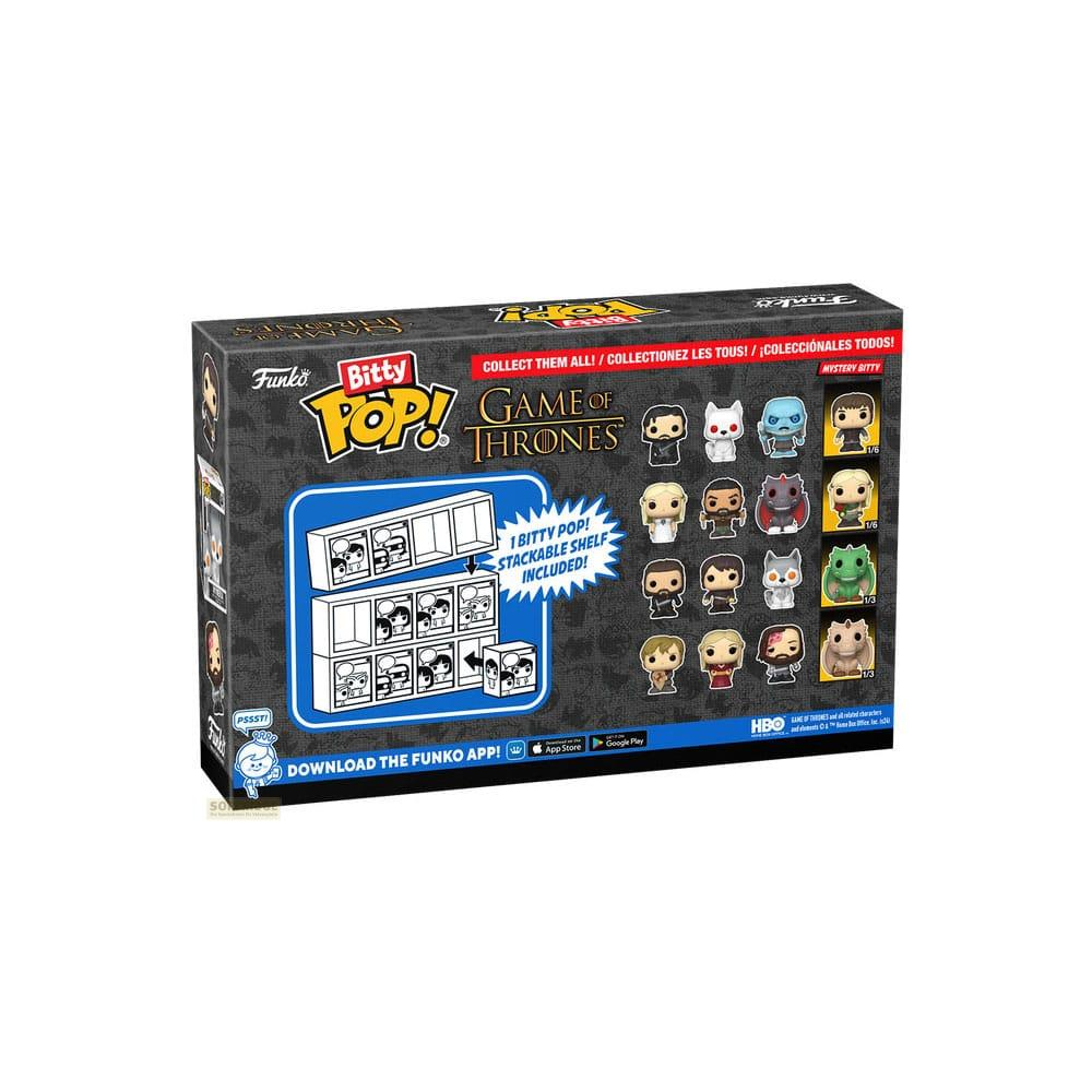 La caja Funko Bitty Pop! Game of Thrones muestra figuras coleccionables y estante.