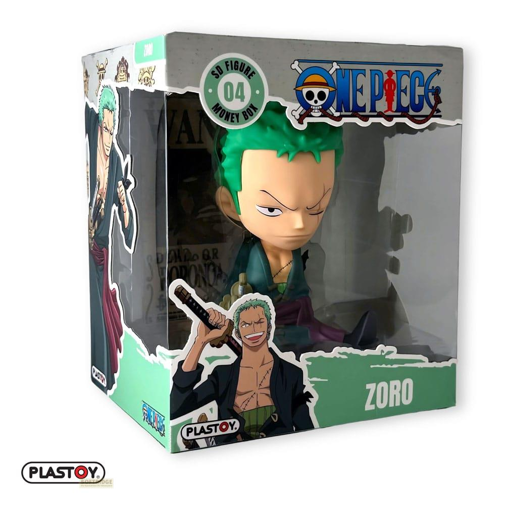 Hucha de Zoro de One Piece con figura chibi e ilustración estilo manga.