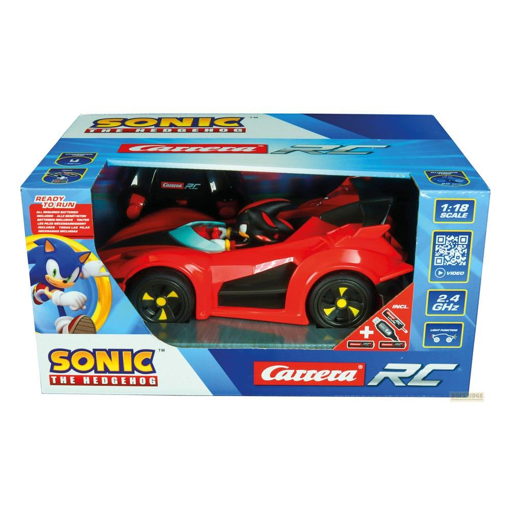Coche Carrera RC de Sonic the Hedgehog en caja, escala 1:18, rojo con detalles negros.