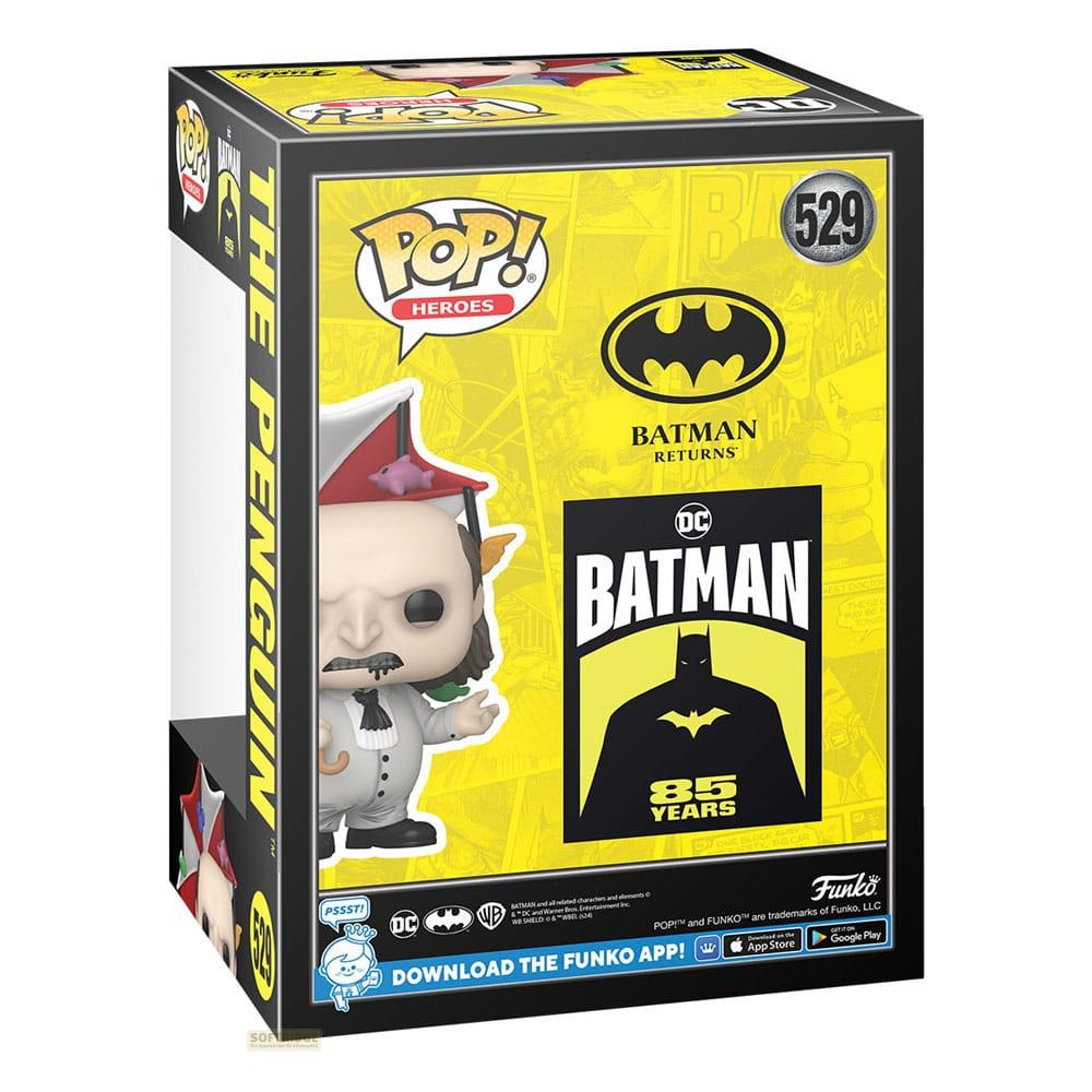 Box Funko Pop con Il Pinguino da Batman Returns. Design giallo e nero.
