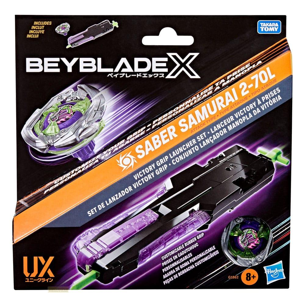 Caja de juguete Beyblade X Saber Samurai 2-70L con lanzador y beyblade.