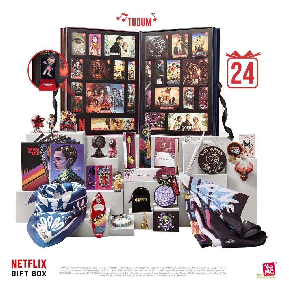 Scatola regalo Netflix con articoli di Stranger Things, Squid Game, Witcher, Bridgerton.