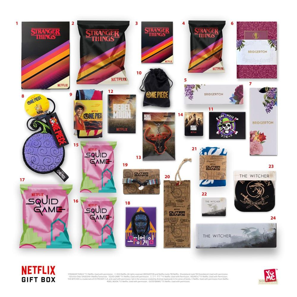 Scatola regalo Netflix con articoli di Stranger Things, One Piece, Rebel Moon, Squid Game, Bridgerton, Outer Banks, The Witcher.