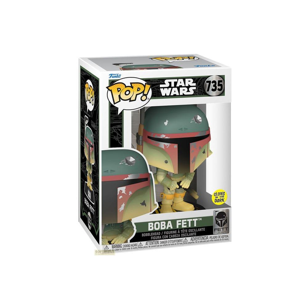 Figura Funko Pop! de Boba Fett en caja, brilla en la oscuridad.