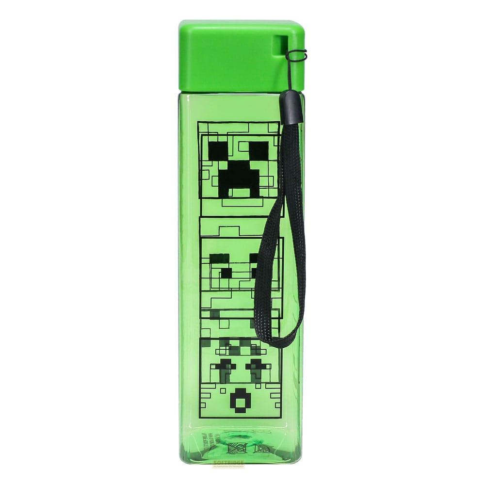 Zielona butelka na wodę z twarzami Minecraft Creeper i czarną smyczą.