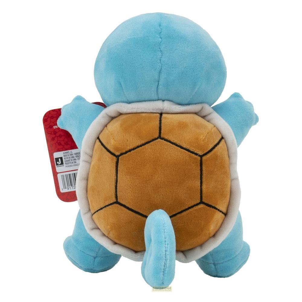 Ein blaues Plüschtier von Schiggy, einem Pokémon, von hinten gesehen, mit brauner Schale.