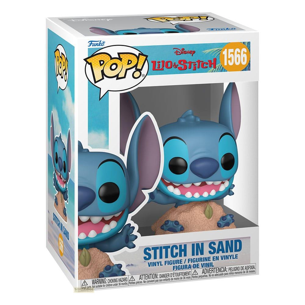 Figurka winylowa Funko Pop Stitch z Lilo i Stitch w piaszczystej scenie.