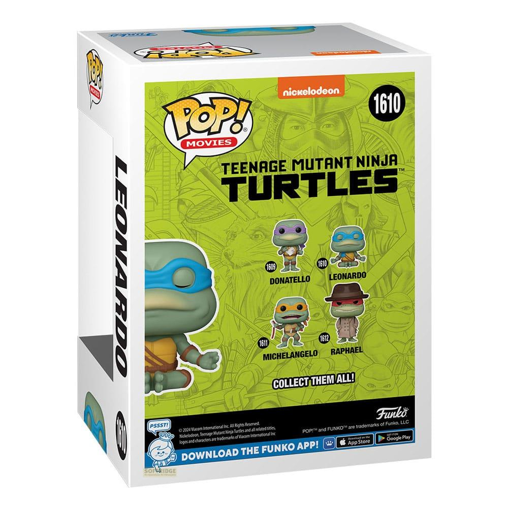 Caja Funko Pop! de Tortugas Ninja Adolescentes Leonardo, muestra el personaje y otros.