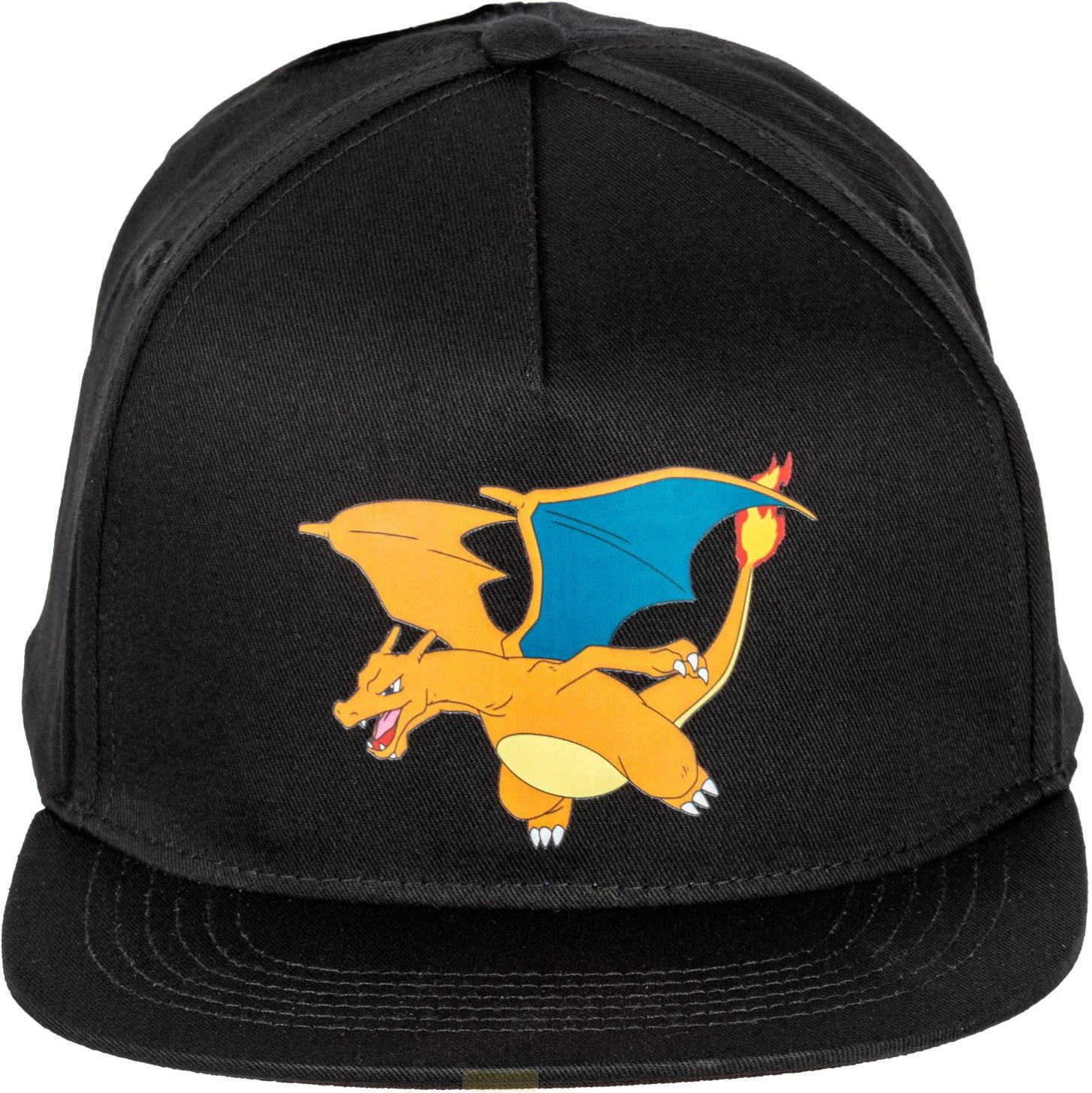 Schwarze Kappe mit blau-gelbem Pokémon-Drachenaufdruck, der Feuer speit.