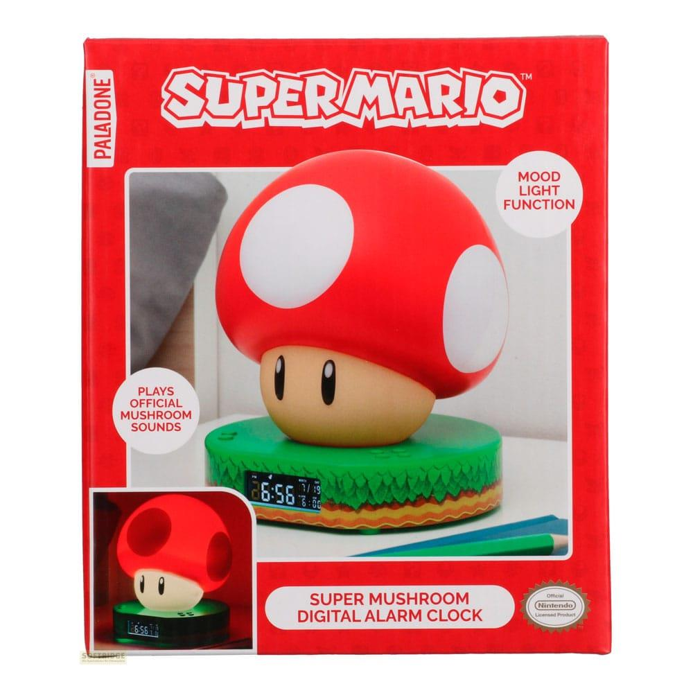 Cyfrowy budzik Super Mario w kształcie grzyba z funkcją nastrojowego oświetlenia.