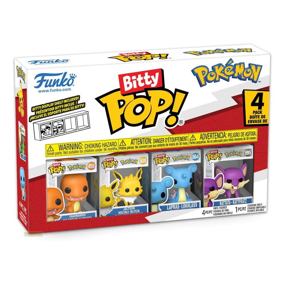 Funko Bitty Pop! Pokémon 4er-Pack mit Charmander, Jolteon, Lapras und Rattata.