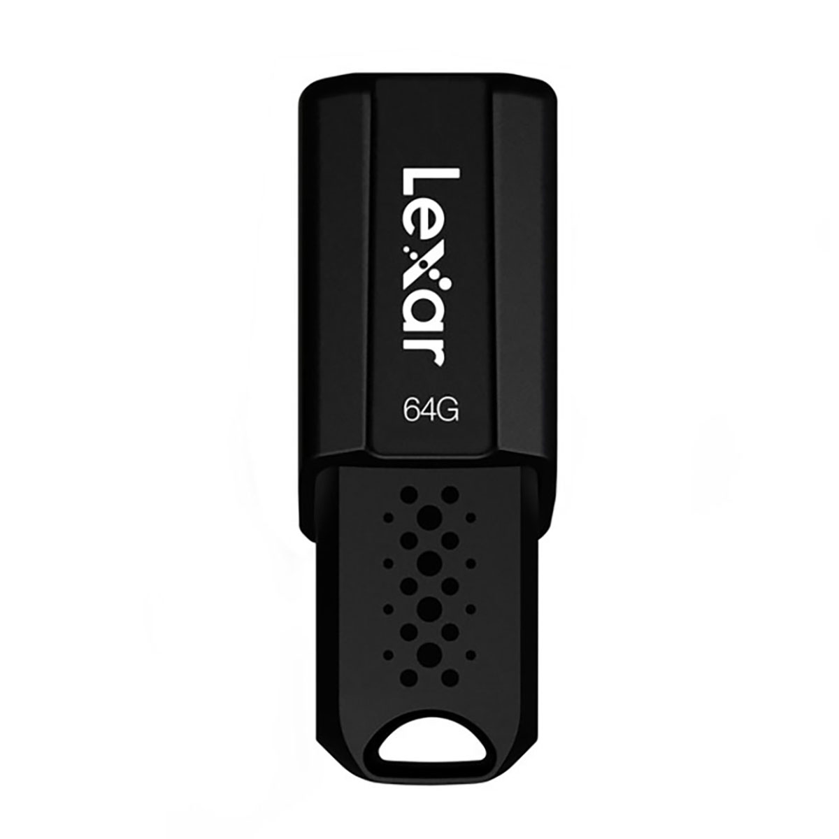 Unità USB Lexar nera da 64 GB con estremità perforata.
