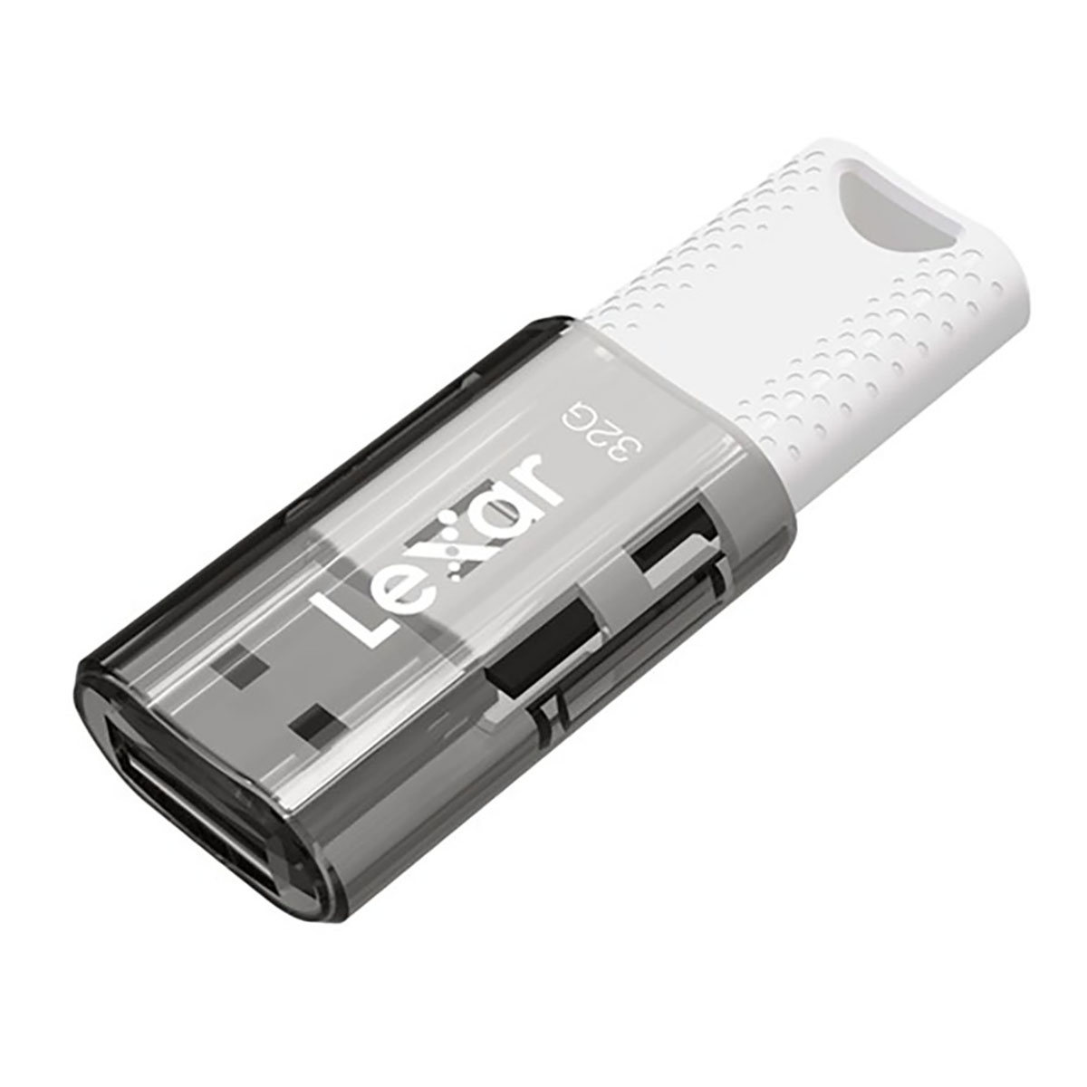 Pendrive USB Lexar 32GB z przezroczysto-szarą obudową i białym wieczkiem.