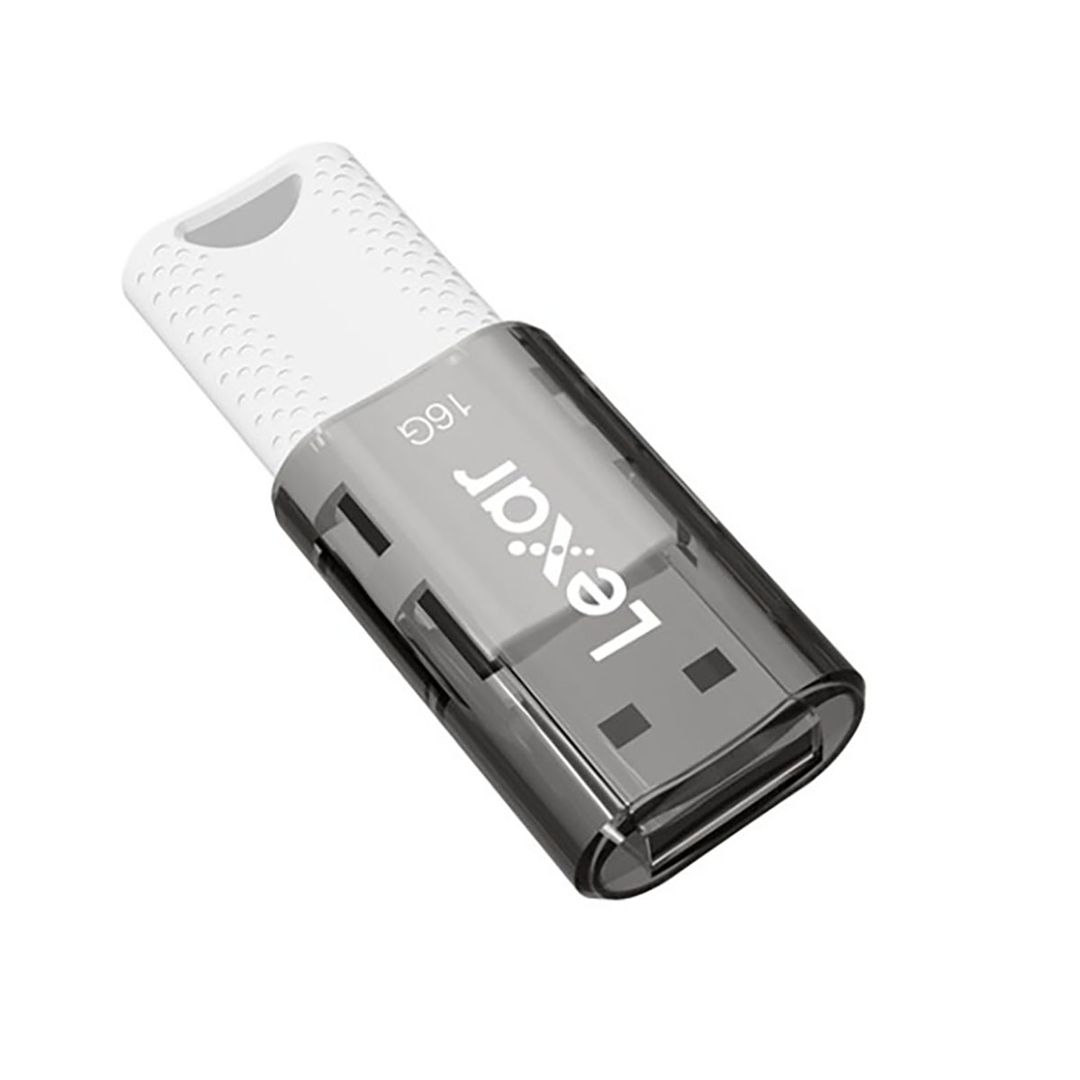 Chiavetta USB Lexar da 16GB con cappuccio bianco e corpo grigio trasparente.