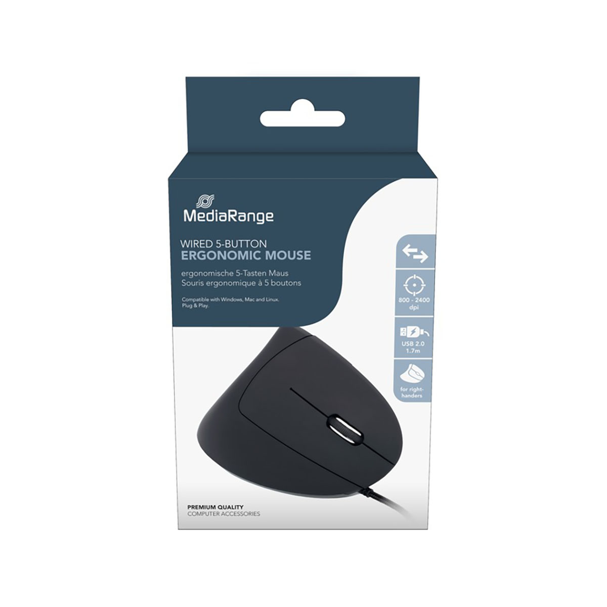Opakowanie przewodowej myszy ergonomicznej MediaRange z 5 przyciskami, obrazem myszy i detalami.