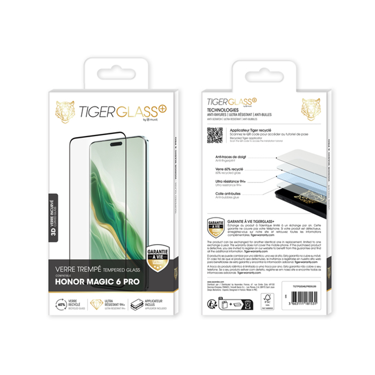 Confezione per un protettore dello schermo in vetro temperato TigerGlass Honor Magic 6 Pro.
