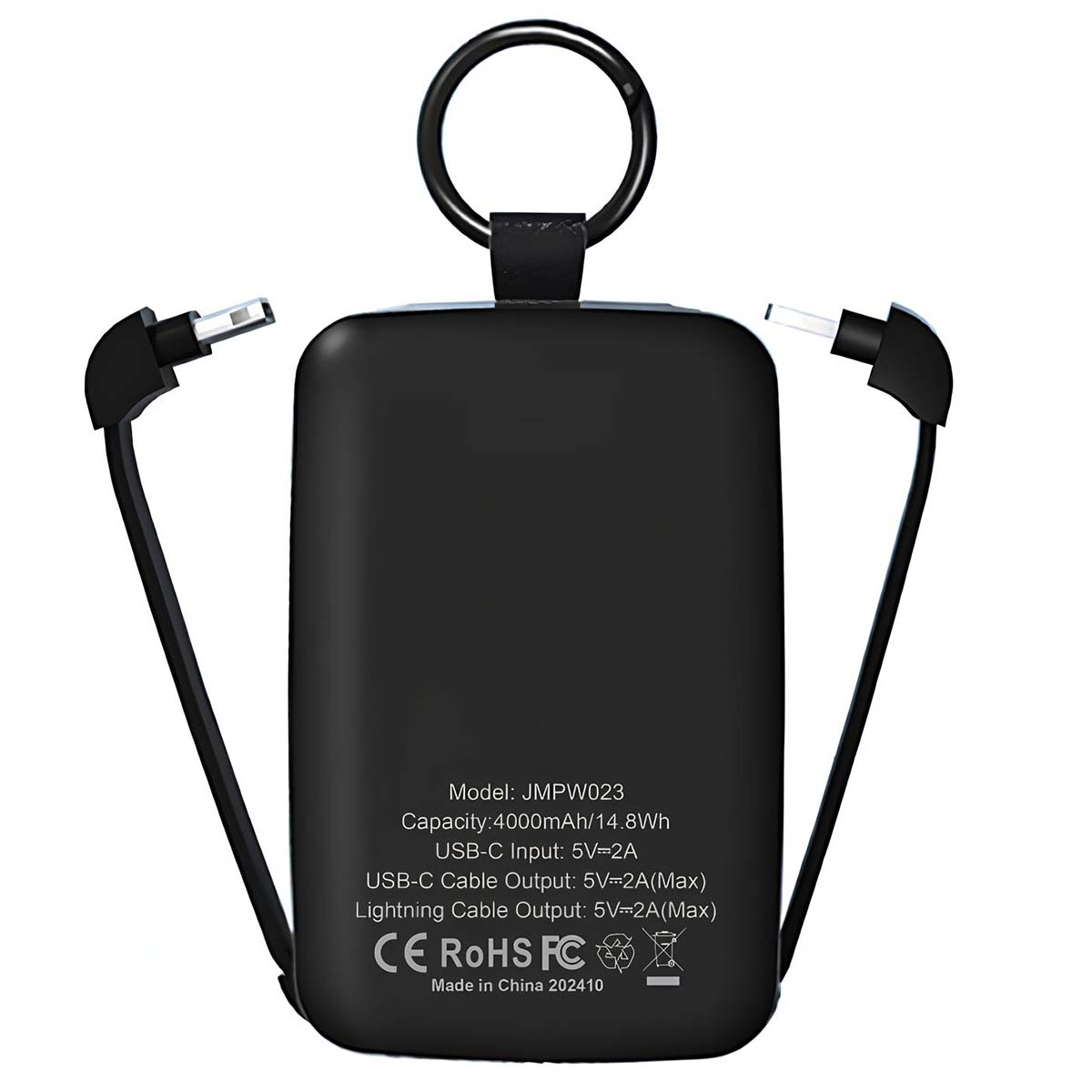 Chargeur portable noir avec câbles USB-C et Lightning intégrés, capacité de 4000 mAh.