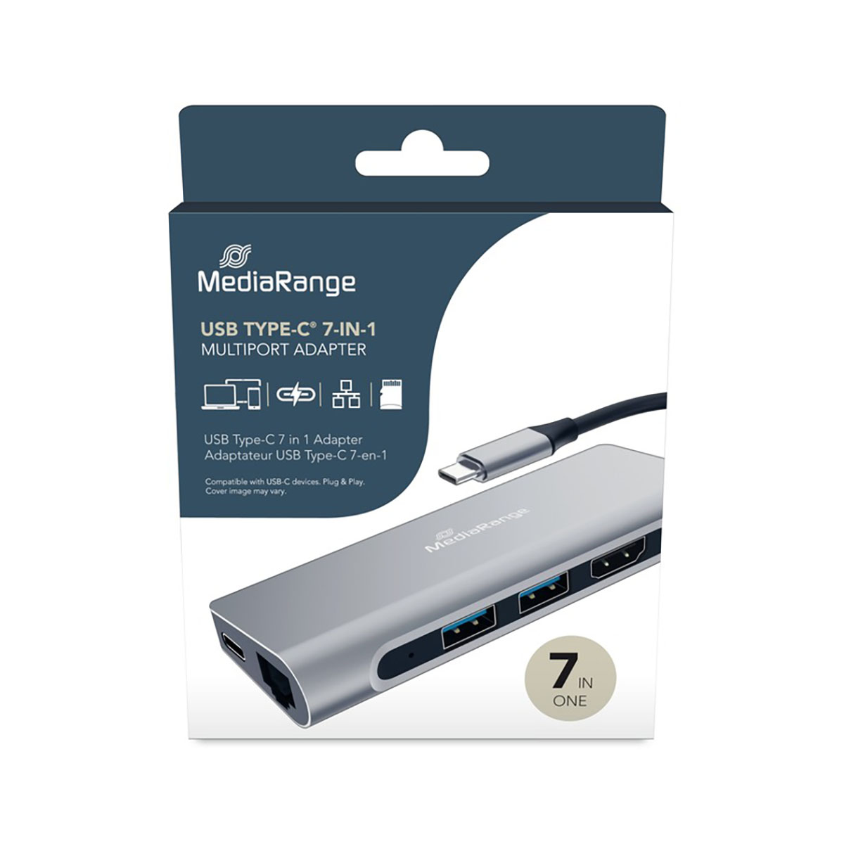 Adattatore multiport USB-C 7-in-1 argento MediaRange con porte e cavo USB-C.