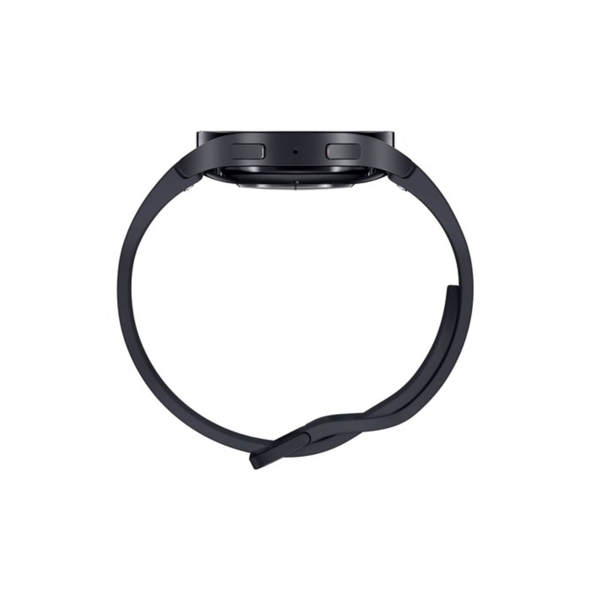 Uno smartwatch nero con cinturino scuro è mostrato di lato su sfondo bianco.