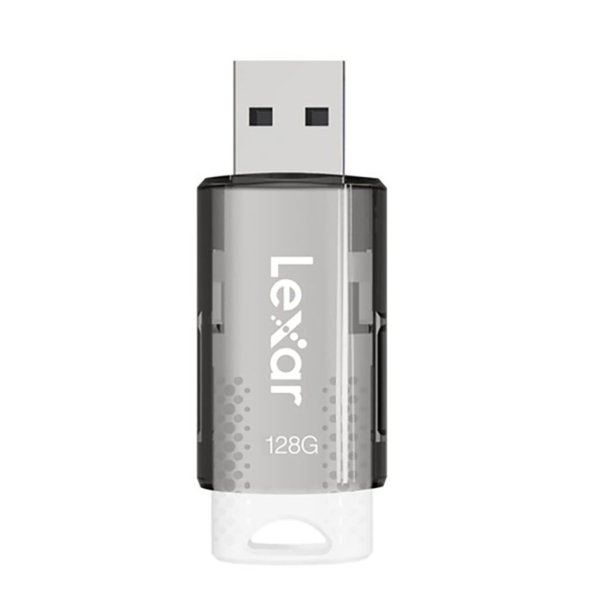 Un'unità flash USB Lexar 128GB trasparente con corpo grigio traslucido e cappuccio bianco.