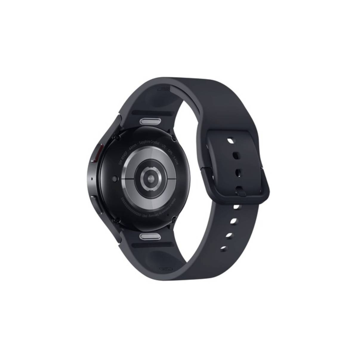 Vista posteriore di uno smartwatch grigio scuro con mozzo sensore metallico circolare.