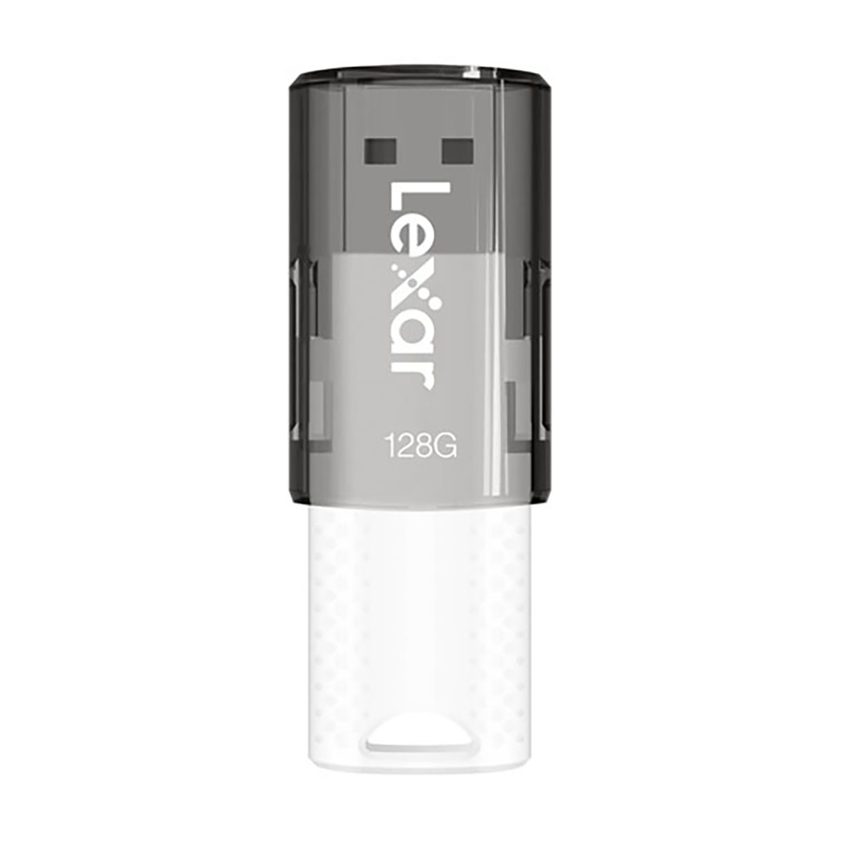 Chiavetta USB Lexar da 128GB con custodia in plastica trasparente e parte superiore grigia.
