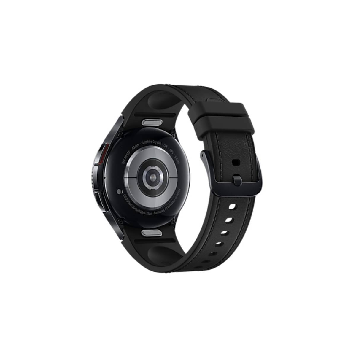 Vista trasera de un reloj inteligente negro con correa de cuero. Detalles en la parte posterior.