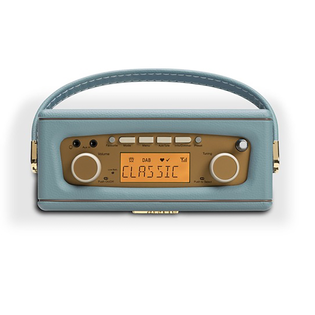 Radio blu chiaro con manico e finiture dorate. Il display mostra "CLASSIC".