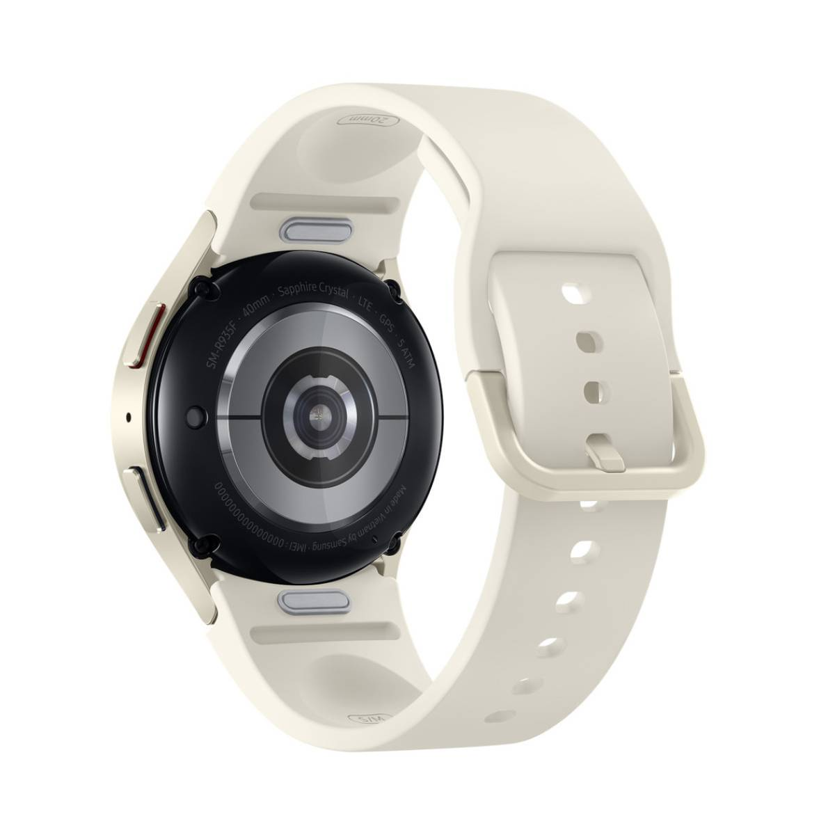 Primer plano del reverso de un reloj inteligente blanco, mostrando sensores y detalles.