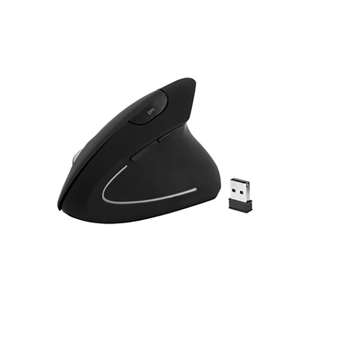 Czarna ergonomiczna mysz z odbiornikiem USB na białym tle.