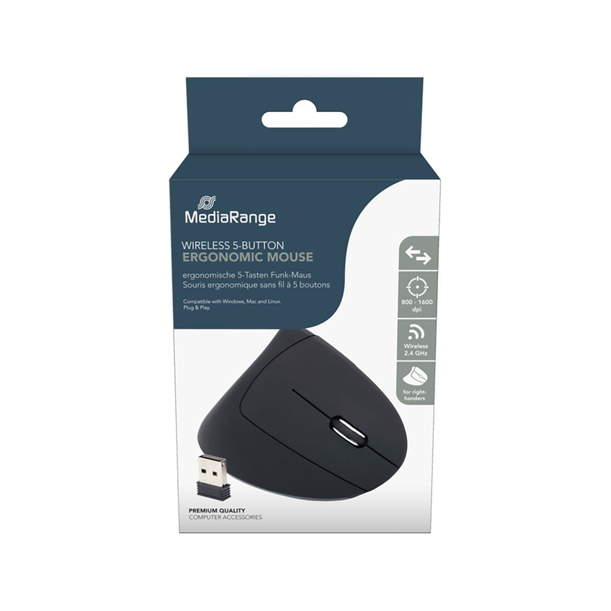 Opakowanie czarnej ergonomicznej myszy bezprzewodowej 5-przyciskowej ze szczegółami produktu i ikonami.