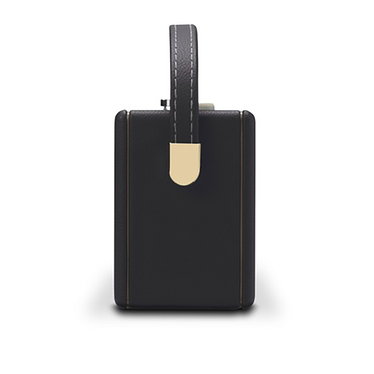 Czarny prostokątny głośnik przenośny ze skórzanym uchwytem i złotym akcentem.