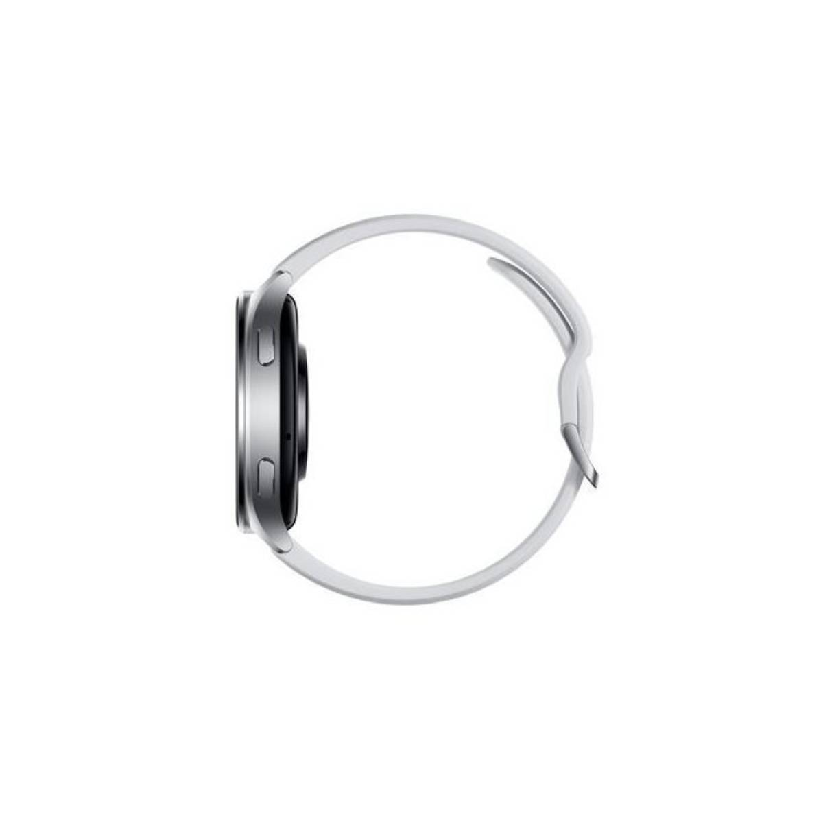 Srebrny smartwatch z białym paskiem, pokazany z boku na białym tle.