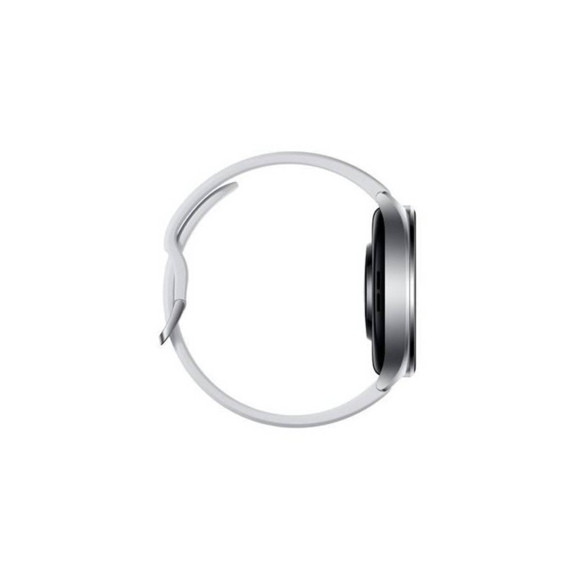 Widok z boku białego smartwatcha z srebrną ramką i czarnym ekranem na białym tle.