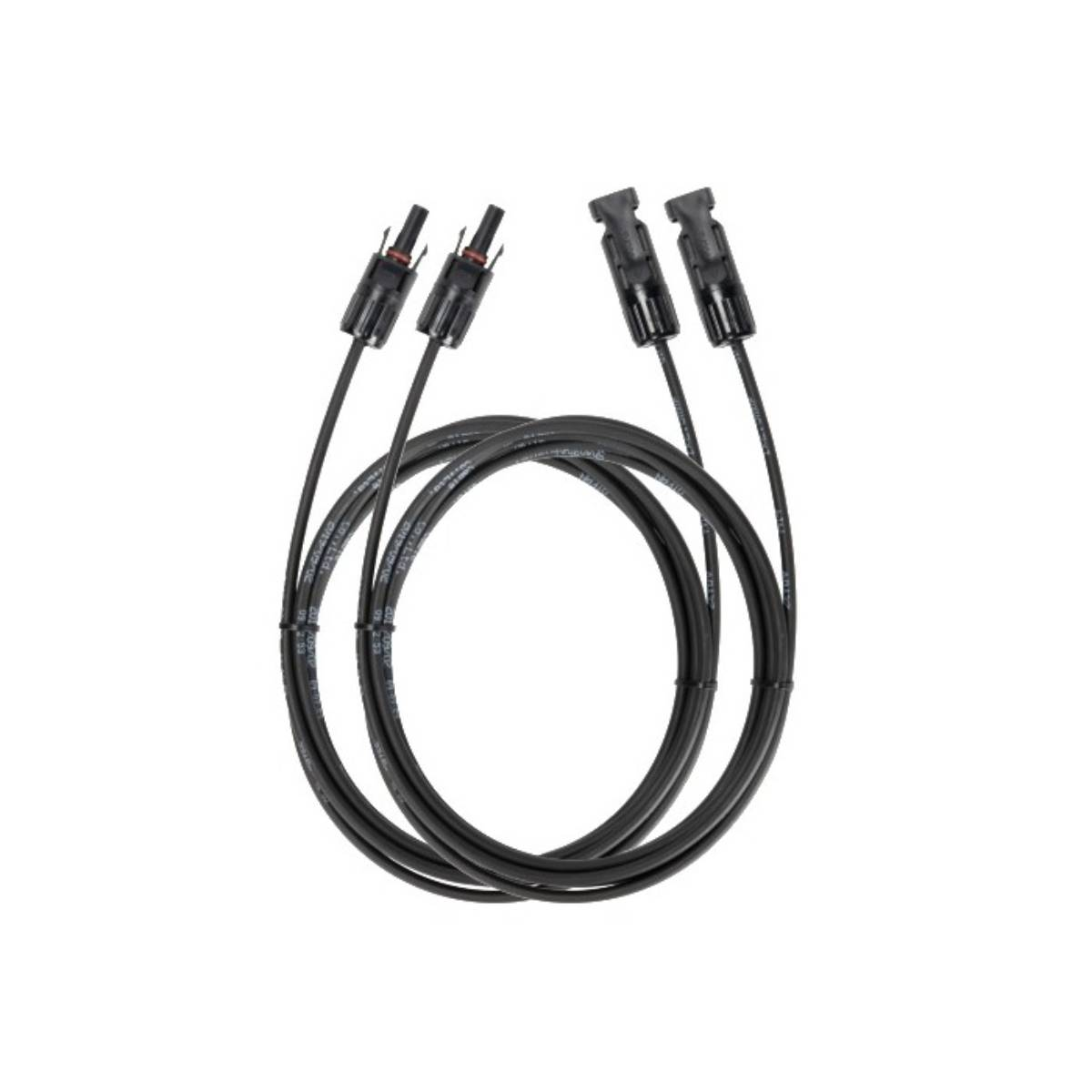 Dwa czarne kable solarne ze złączami MC4 na białym tle.