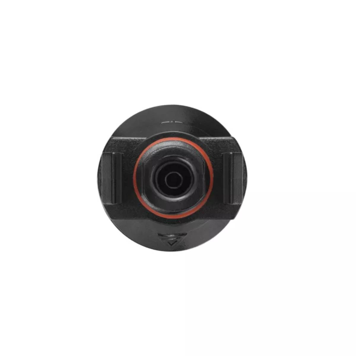 Czarny konektor z czerwonymi akcentami i okrągłą częścią środkową.