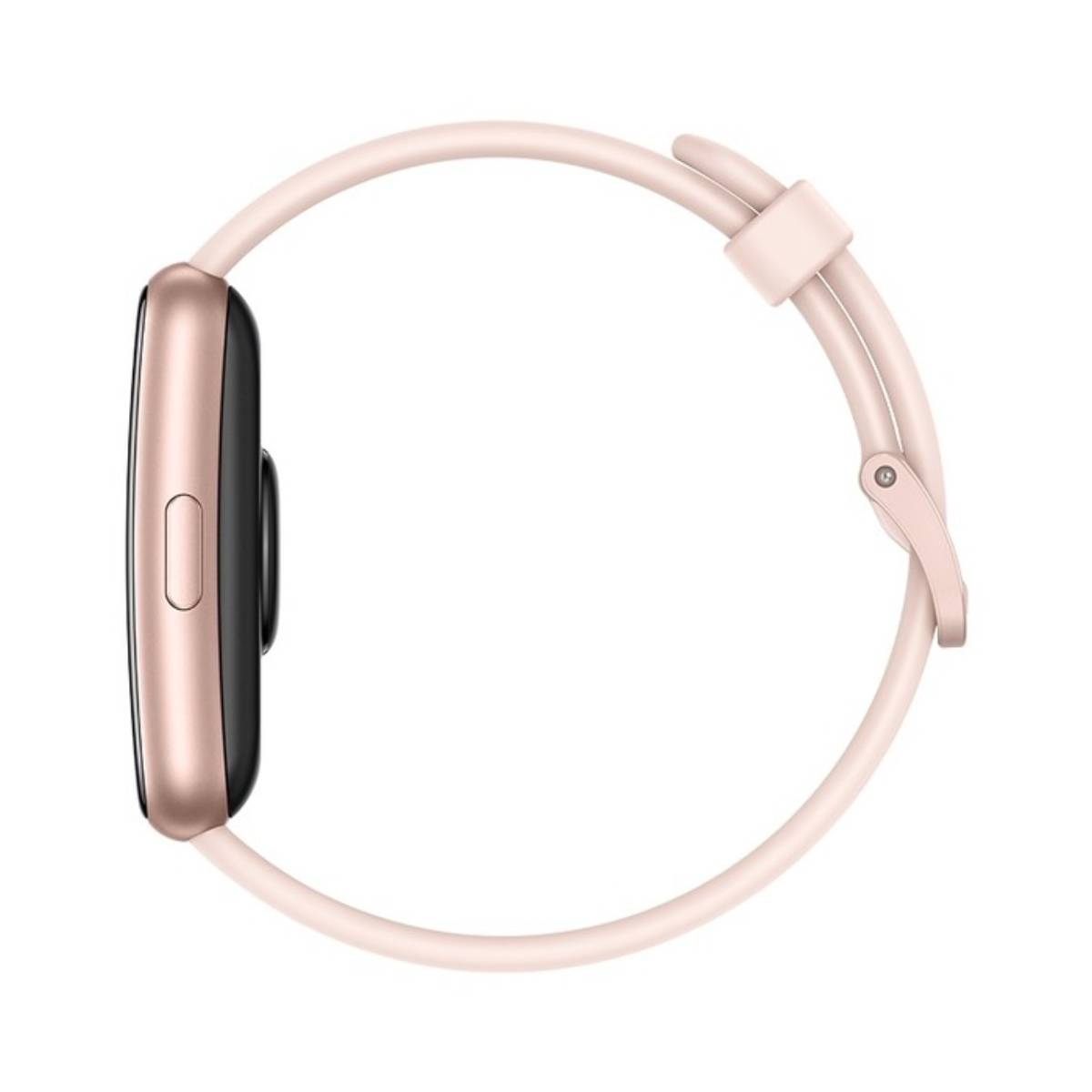 Een roségouden smartwatch met roze band wordt van opzij getoond op witte achtergrond.