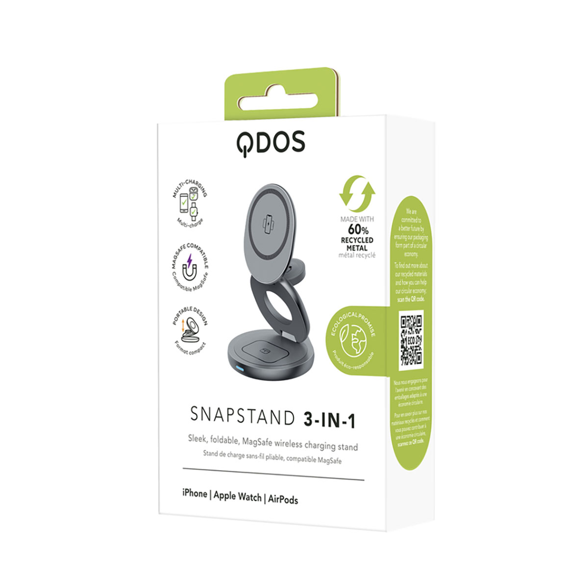 QDOS Snapstand 3-in-1: Schlankes, faltbares MagSafe-Ladegerät.