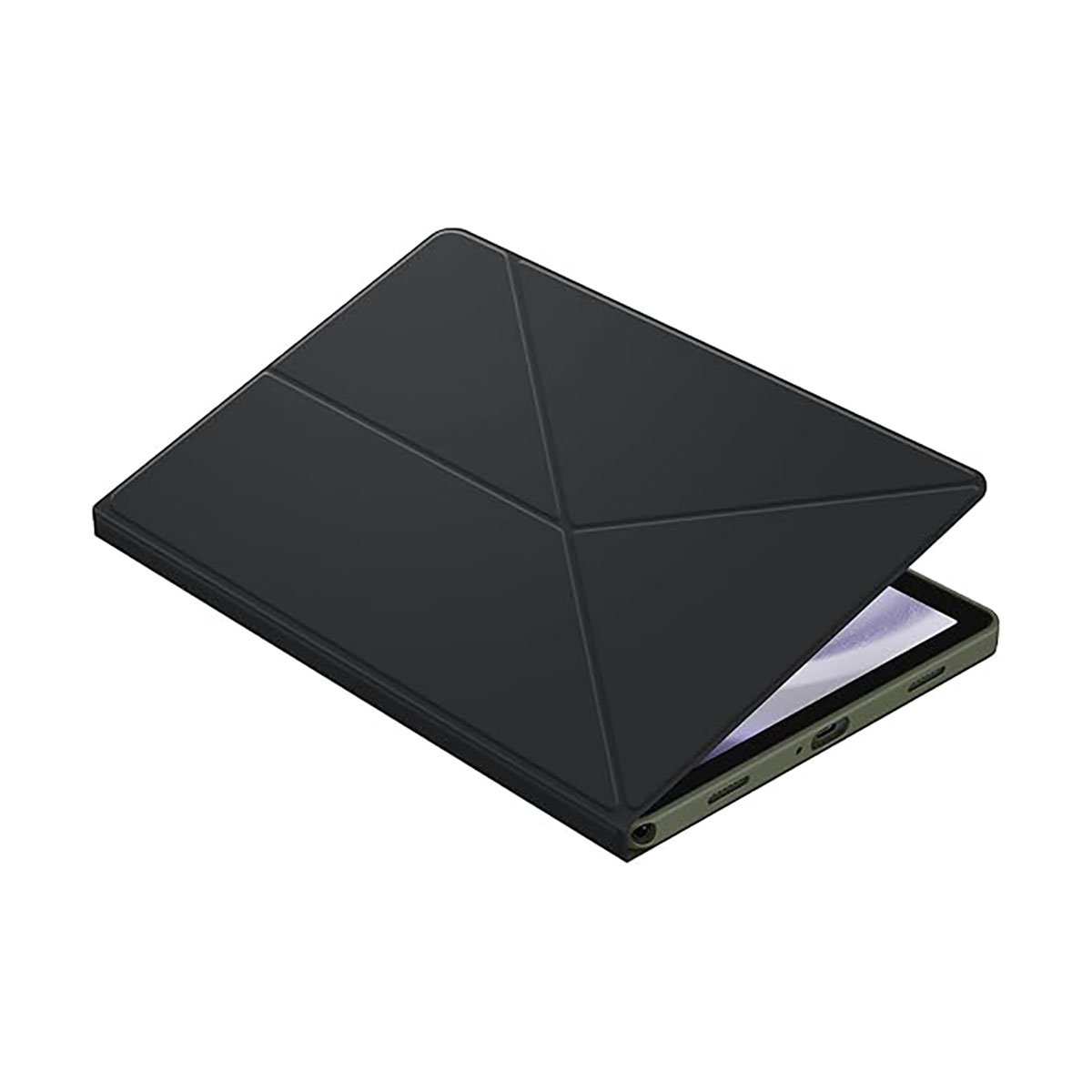 Una custodia nera per tablet con design geometrico è parzialmente aperta, rivelando lo schermo del tablet.