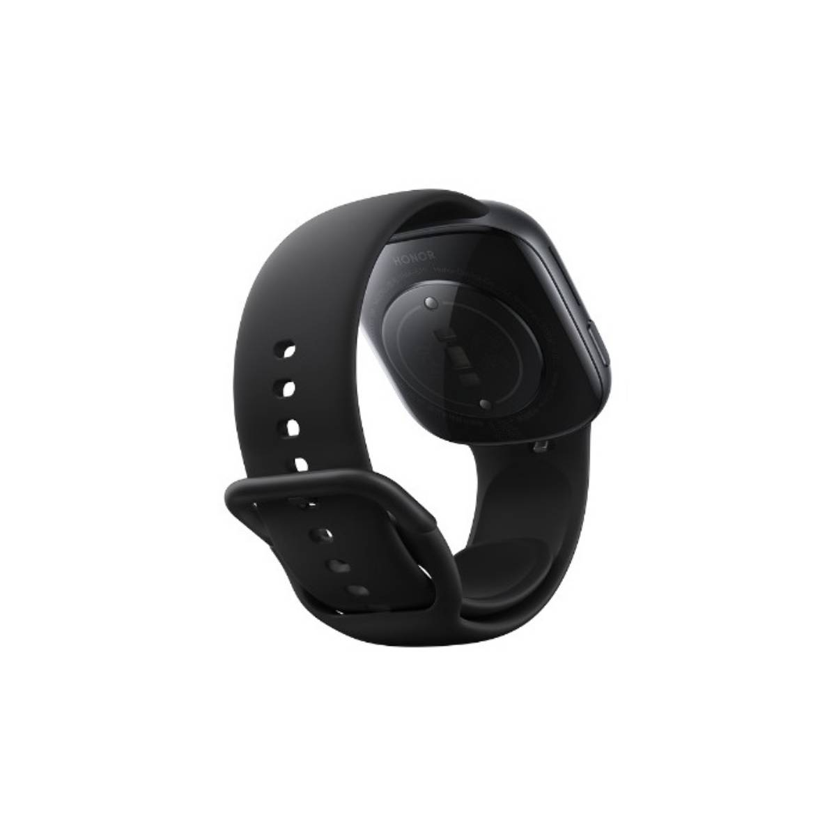 Czarny smartwatch Honor z kwadratową tarczą i silikonowym paskiem na białym tle.