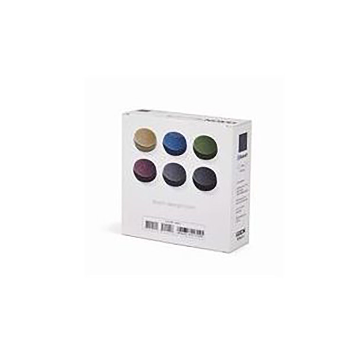 Białe pudełko z sześcioma okrągłymi przedmiotami w kolorach beżowym, niebieskim, zielonym, fioletowym, szarym i czarnym.