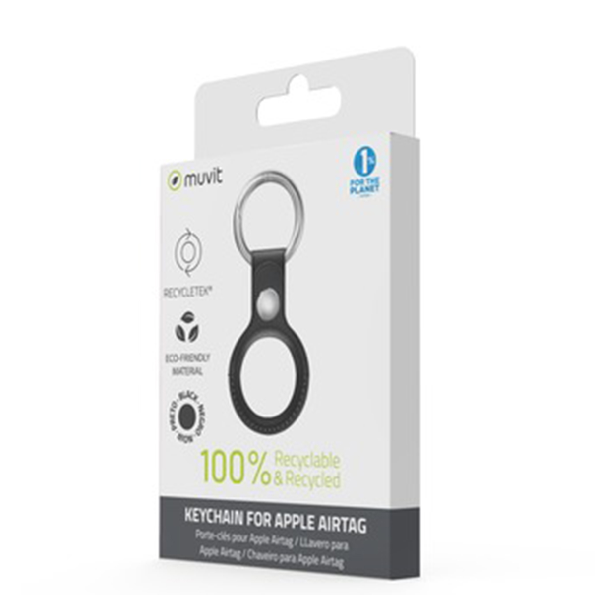 Llavero Muvit para Apple AirTag, negro, 100% reciclable y reciclado.