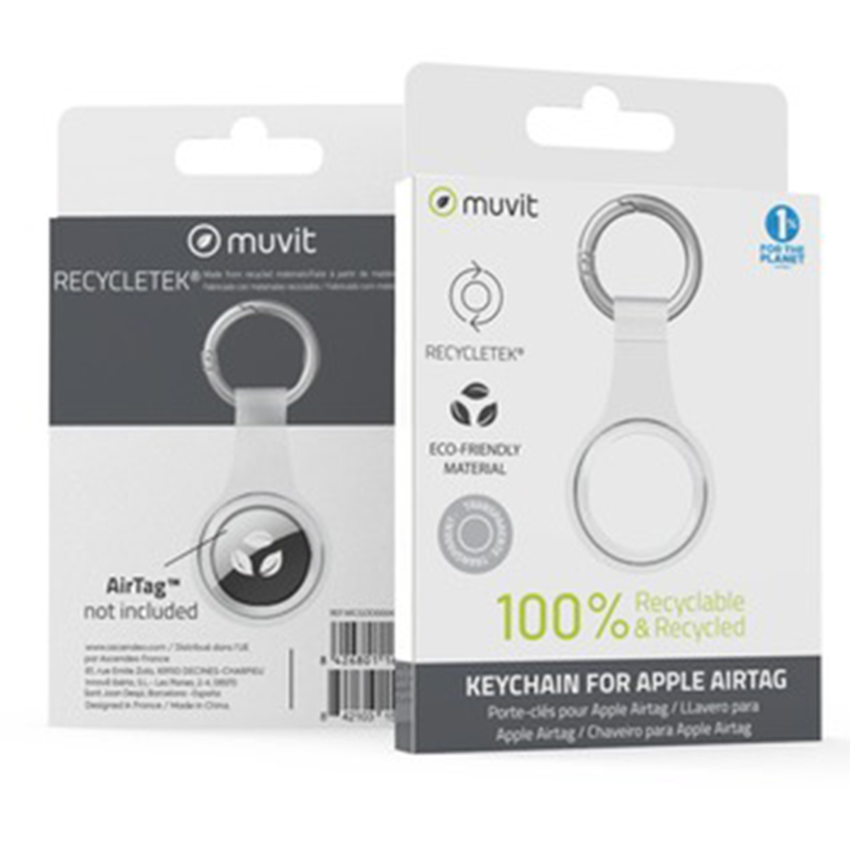 Dos llaveros Muvit para Apple AirTag. Uno está en su embalaje, mostrando 'AirTag no incluido'.