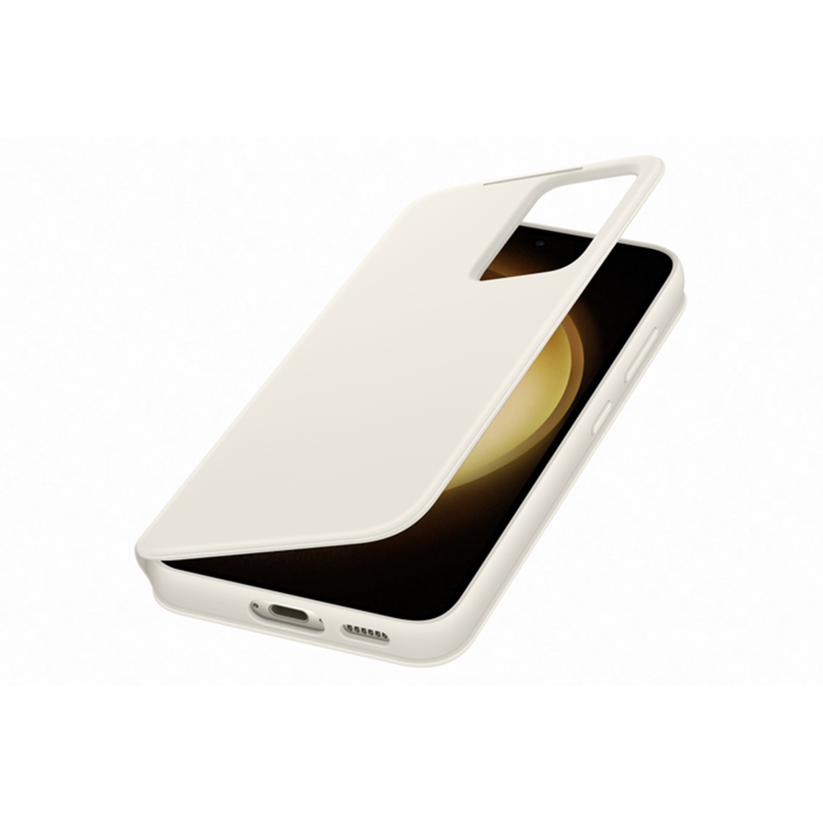 Una cover per telefono color crema viene parzialmente rimossa da uno smartphone nero su sfondo bianco.
